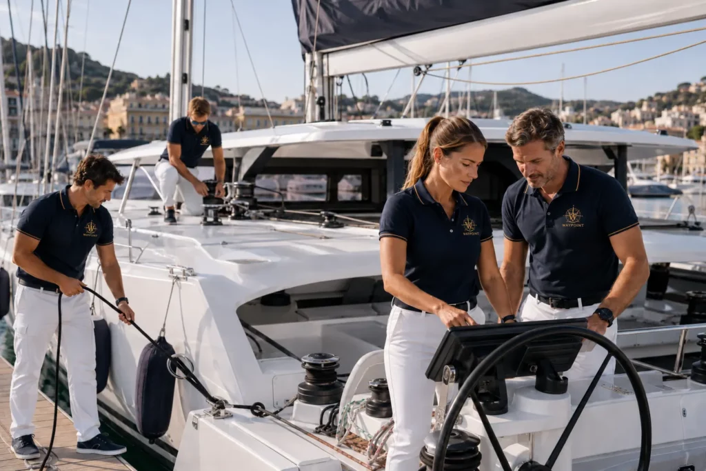 WAYPOINT uniformed crew working aboard a luxury catamaran