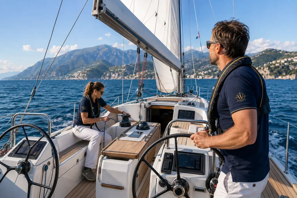 WAYPOINT professional crew sailing a modern yacht in the Mediterranean