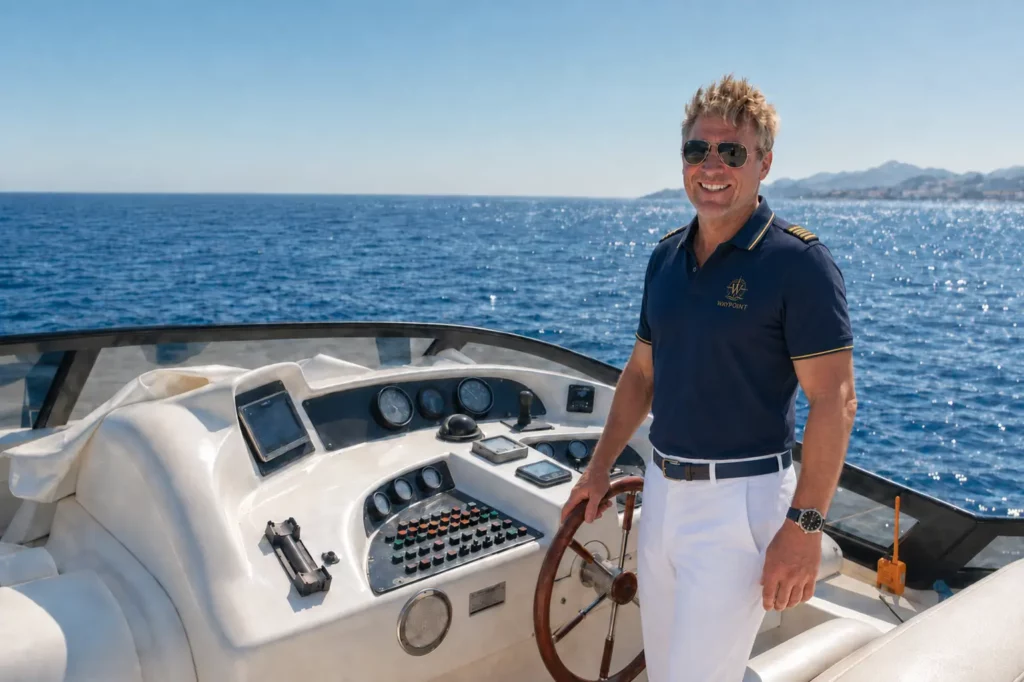 Mario Castells, fundador de WAYPOINT Marine Service, navegando a bordo de un yate