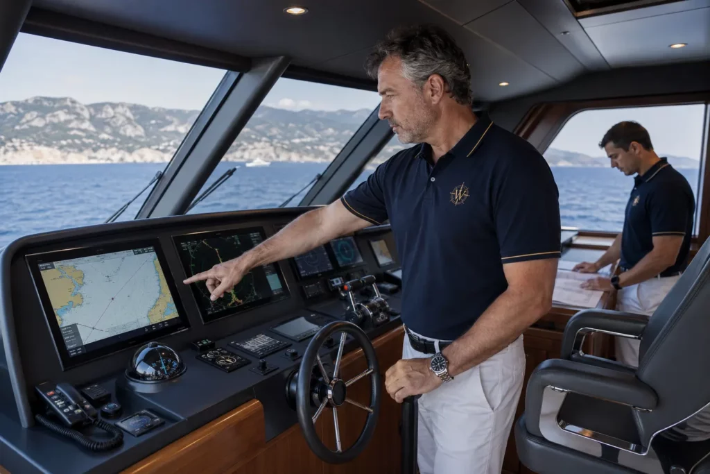 WAYPOINT professional captains planning navigation on a motor yacht bridge